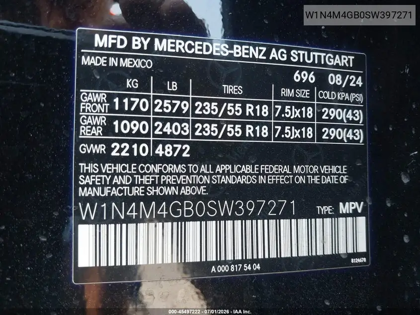 2025 Mercedes-Benz Glb 250 VIN: W1N4M4GB0SW397271 Lot: 45497222