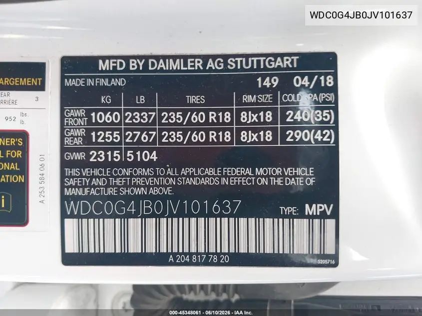 2018 Mercedes-Benz Glc 300 VIN: WDC0G4JB0JV101637 Lot: 45348061