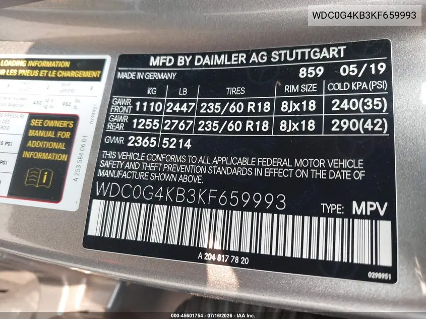 WDC0G4KB3KF659993 2019 Mercedes-Benz Glc 300 4Matic