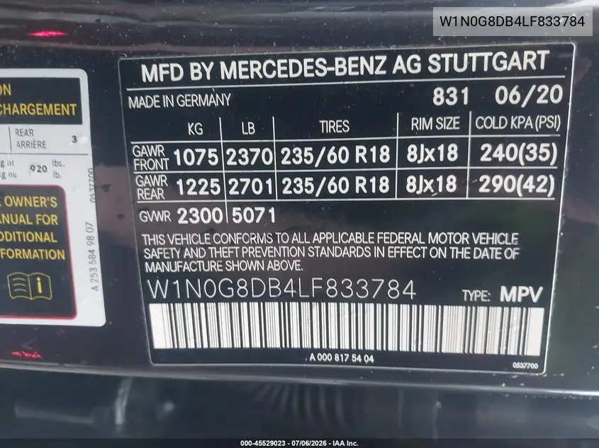 2020 Mercedes-Benz Glc 300 VIN: W1N0G8DB4LF833784 Lot: 45529023