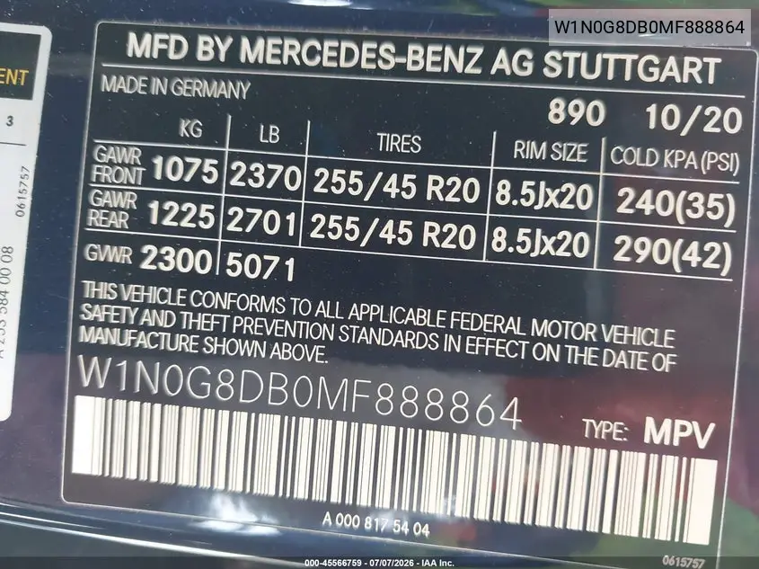 2021 Mercedes-Benz Glc 300 Suv VIN: W1N0G8DB0MF888864 Lot: 45566759