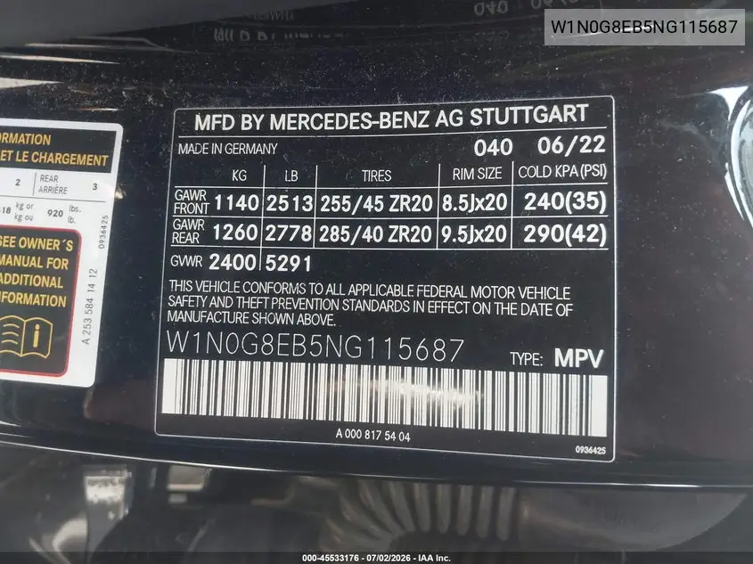 2022 Mercedes-Benz Glc 300 4Matic Suv VIN: W1N0G8EB5NG115687 Lot: 45533176