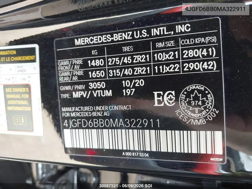 2021 Mercedes-Benz Gle Coupe Amg 53 4Matic VIN: 4JGFD6BB0MA322911 Lot: 30087521