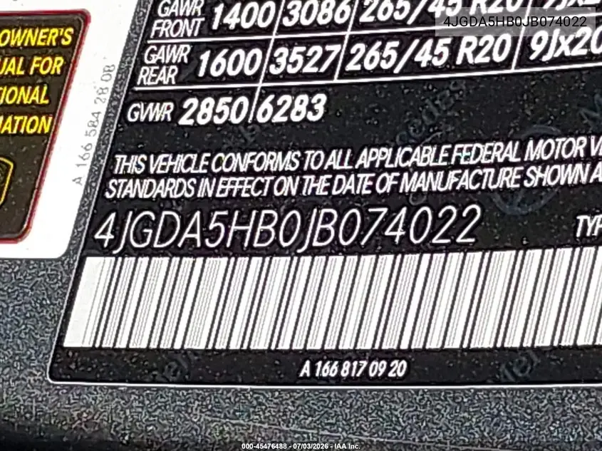2018 Mercedes-Benz Gle 350 4Matic VIN: 4JGDA5HB0JB074022 Lot: 45476488