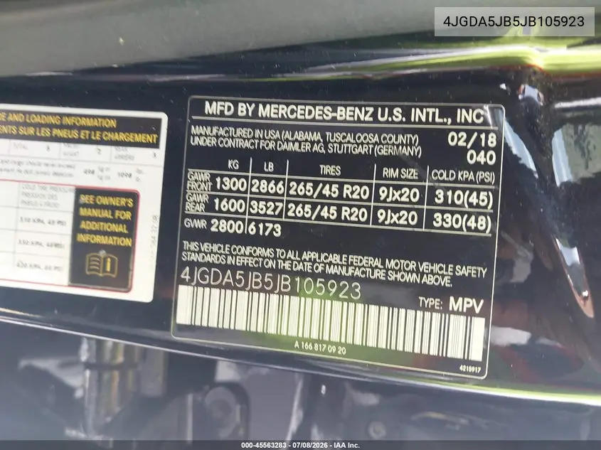 2018 Mercedes-Benz Gle 350 VIN: 4JGDA5JB5JB105923 Lot: 45563283