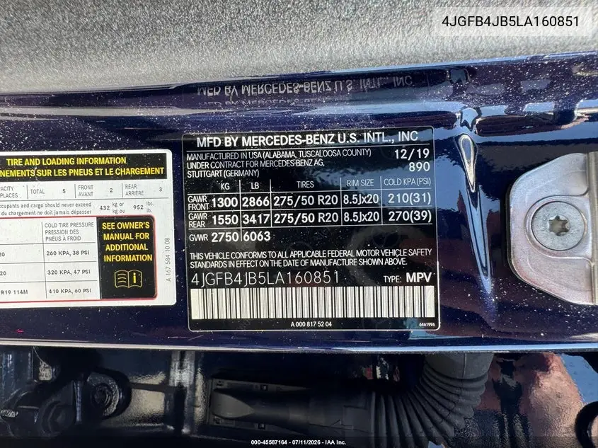 2020 Mercedes-Benz Gle 350 VIN: 4JGFB4JB5LA160851 Lot: 60841366