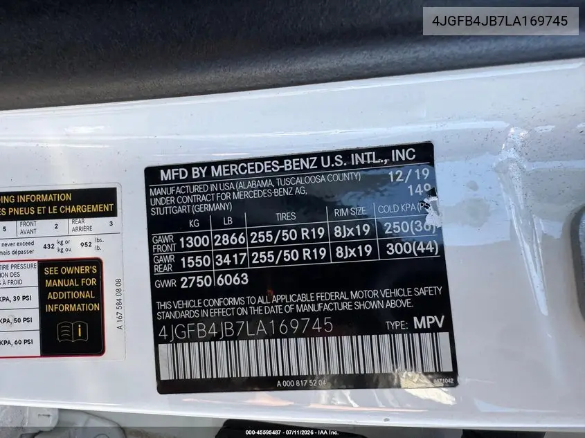 2020 Mercedes-Benz Gle 350 VIN: 4JGFB4JB7LA169745 Lot: 61224876