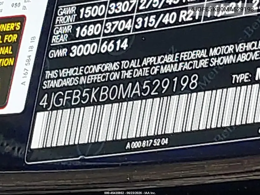 2021 Mercedes-Benz Gle 450 4Matic VIN: 4JGFB5KB0MA529198 Lot: 45435952