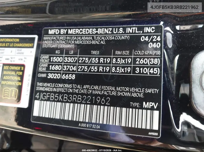 2024 Mercedes-Benz Gle 450 4Matic VIN: 4JGFB5KB3RB221962 Lot: 45629932
