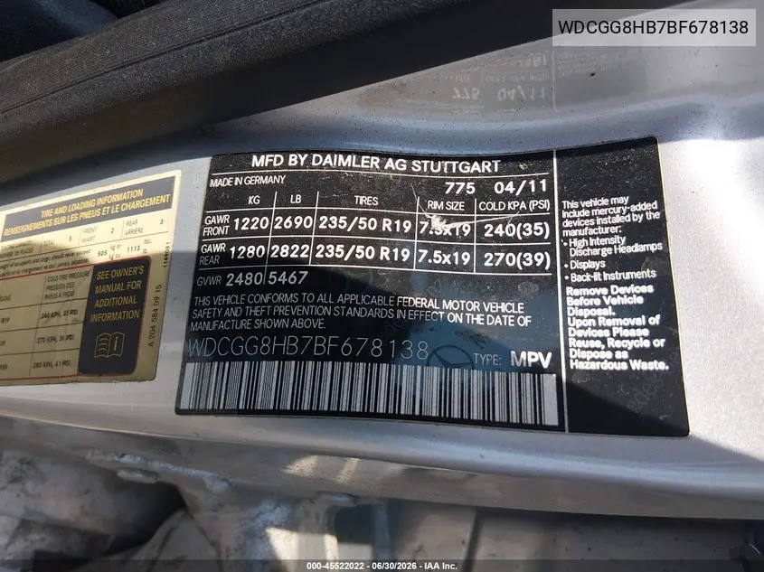 2011 Mercedes-Benz Glk 350 4Matic VIN: WDCGG8HB7BF678138 Lot: 45522022