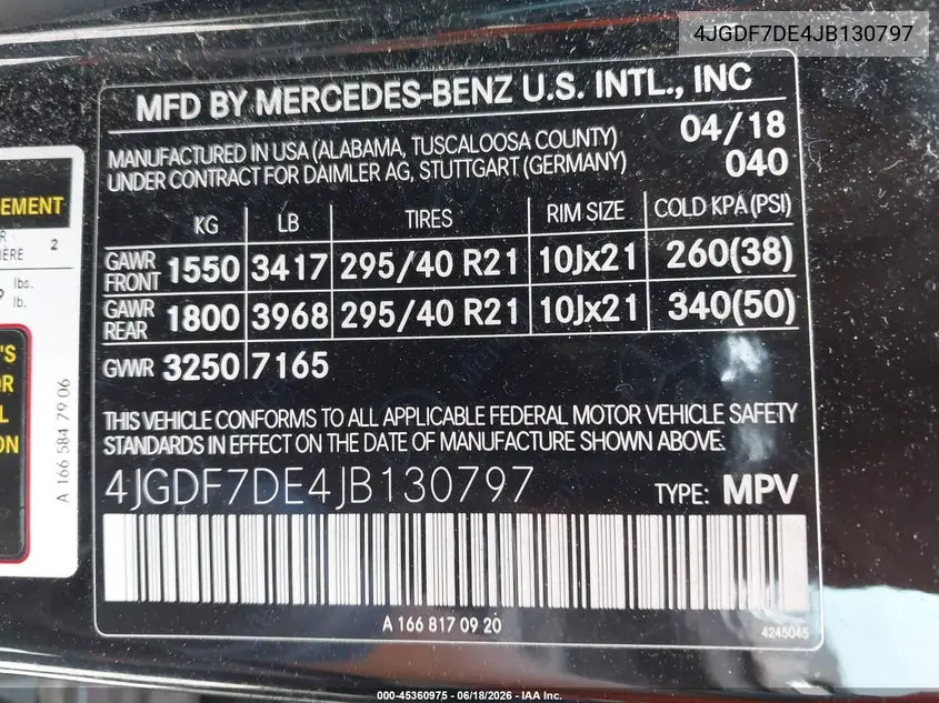 2018 Mercedes-Benz Gls 550 4Matic VIN: 4JGDF7DE4JB130797 Lot: 45360975