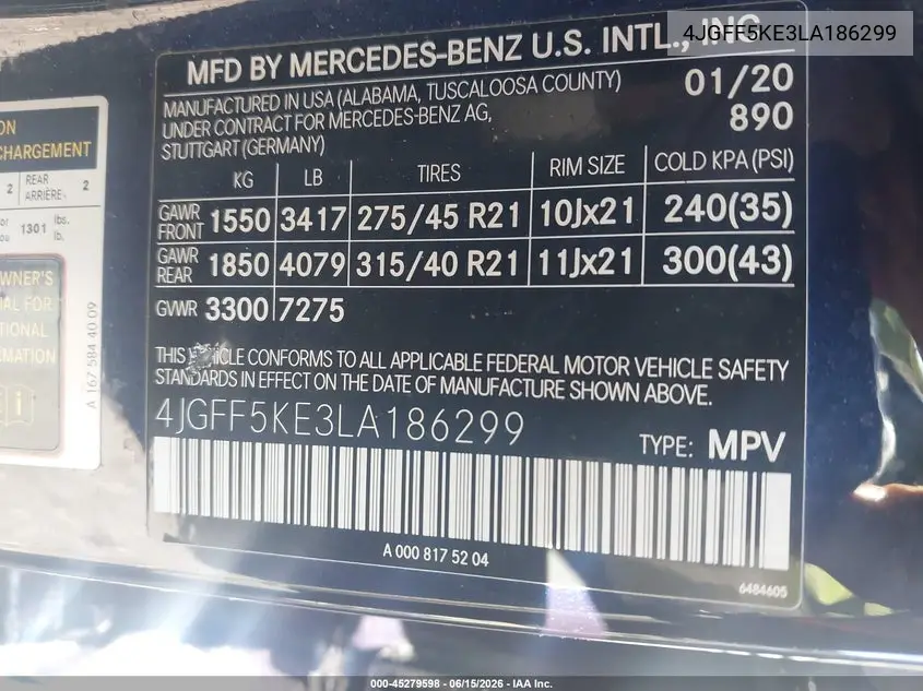 2020 Mercedes-Benz Gls 450 4Matic VIN: 4JGFF5KE3LA186299 Lot: 45279598