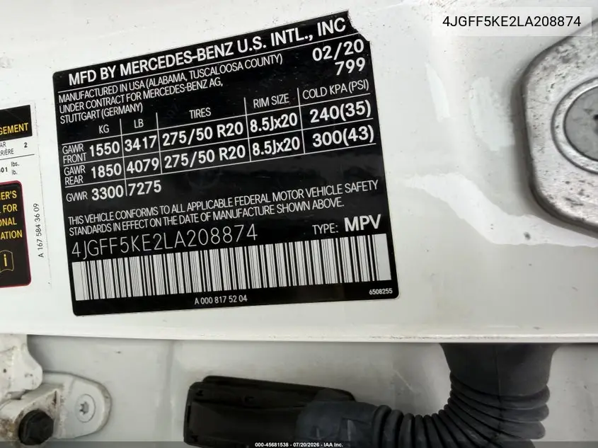 2020 Mercedes-Benz Gls 450 4Matic VIN: 4JGFF5KE2LA208874 Lot: 45681538