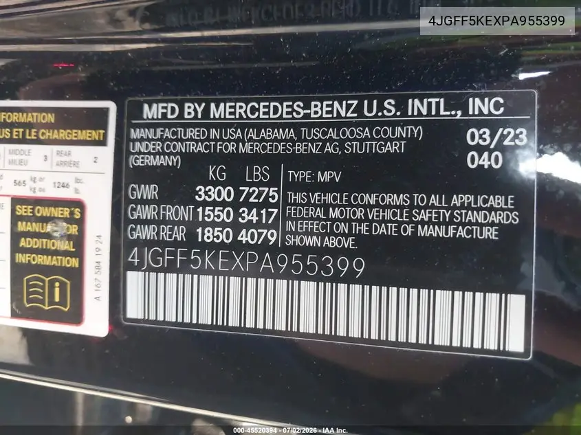2023 Mercedes-Benz Gls 450 4Matic VIN: 4JGFF5KEXPA955399 Lot: 45520394