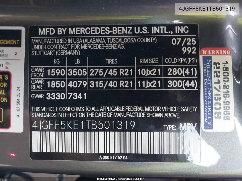 2026 Mercedes-Benz Gls 450 4Matic VIN: 4JGFF5KE1TB501319 Lot: 45420141