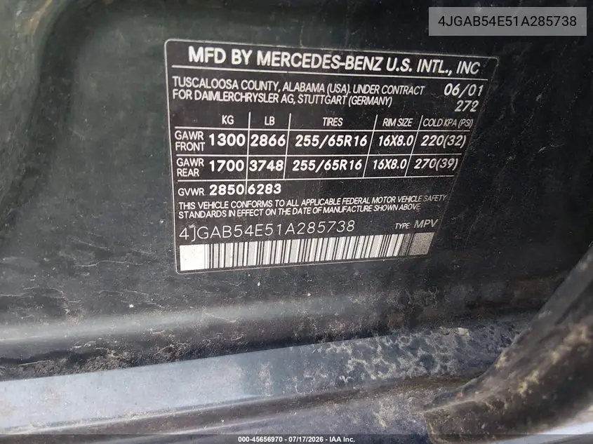 2001 Mercedes-Benz Ml 320 VIN: 4JGAB54E51A285738 Lot: 45656970