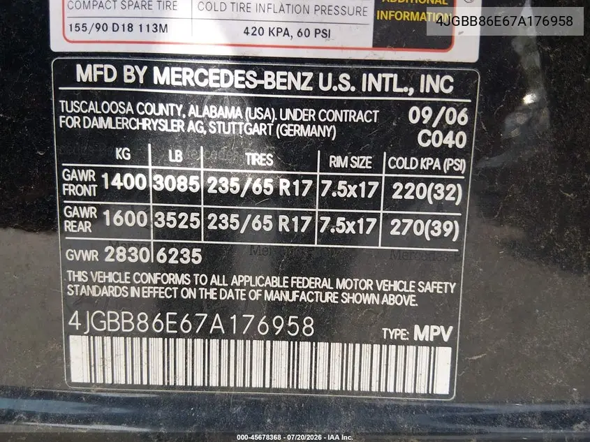 2007 Mercedes-Benz Ml 350 4Matic VIN: 4JGBB86E67A176958 Lot: 45678368