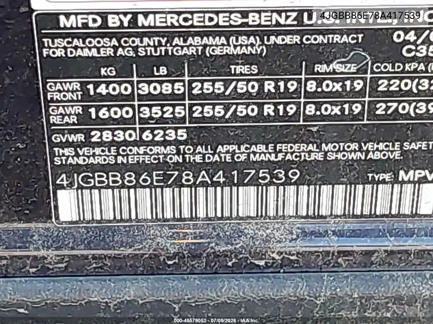 2008 Mercedes-Benz M-Class 3.5L VIN: 4JGBB86E78A417539 Lot: 45579052