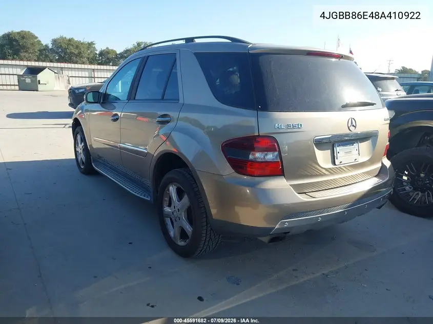 2008 Mercedes-Benz M-Class 3.5L VIN: 4JGBB86E48A410922 Lot: 45591682