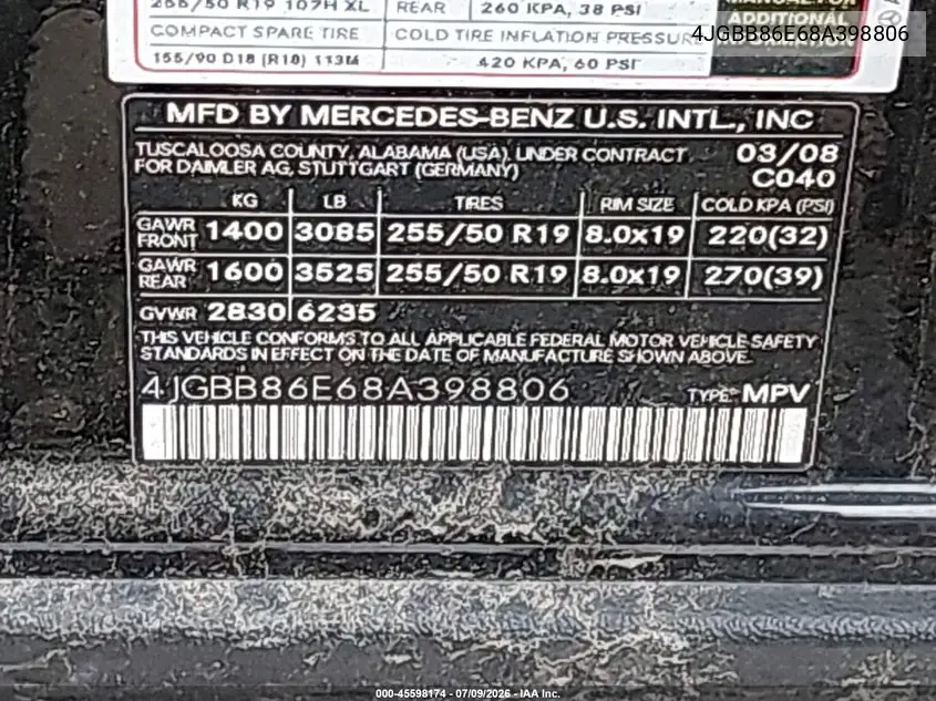 2008 Mercedes-Benz M-Class 3.5L VIN: 4JGBB86E68A398806 Lot: 45598174