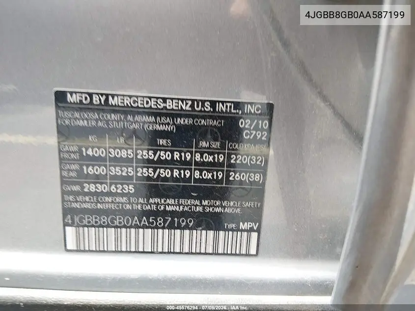 2010 Mercedes-Benz Ml 350 4Matic VIN: 4JGBB8GB0AA587199 Lot: 45576294