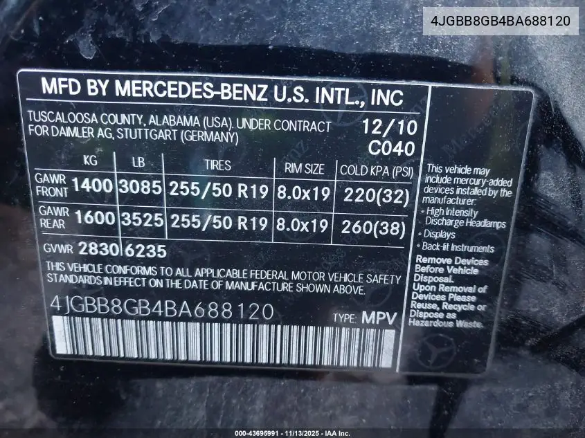 4JGBB8GB4BA688120 2011 Mercedes-Benz Ml 350 4Matic
