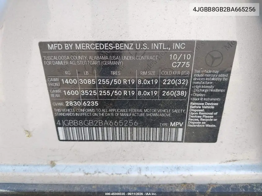 2011 Mercedes-Benz Ml 350 4Matic VIN: 4JGBB8GB2BA665256 Lot: 45308335