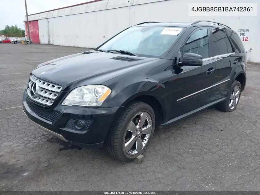 2011 Mercedes-Benz Ml 350 4Matic VIN: 4JGBB8GB1BA742361 Lot: 45517480