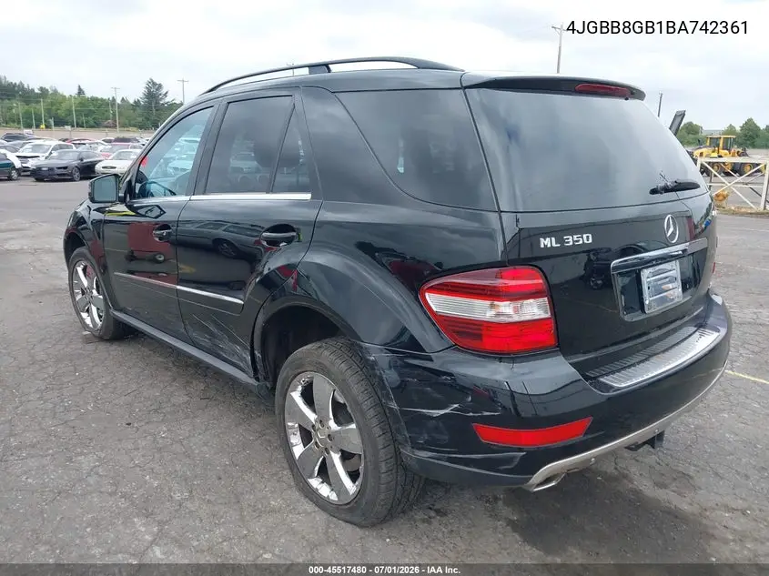 2011 Mercedes-Benz Ml 350 4Matic VIN: 4JGBB8GB1BA742361 Lot: 45517480