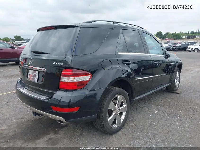 2011 Mercedes-Benz Ml 350 4Matic VIN: 4JGBB8GB1BA742361 Lot: 45517480