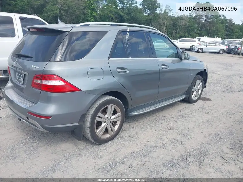 2012 Mercedes-Benz Ml 350 4Matic VIN: 4JGDA5HB4CA067096 Lot: 45456380