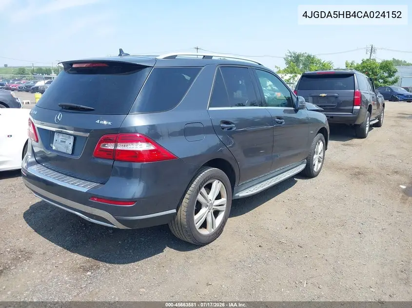 2012 Mercedes-Benz Ml 350 4Matic VIN: 4JGDA5HB4CA024152 Lot: 45663581