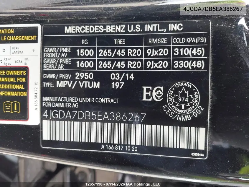 2014 Mercedes-Benz Ml 550 4Matic VIN: 4JGDA7DB5EA386267 Lot: 12657198