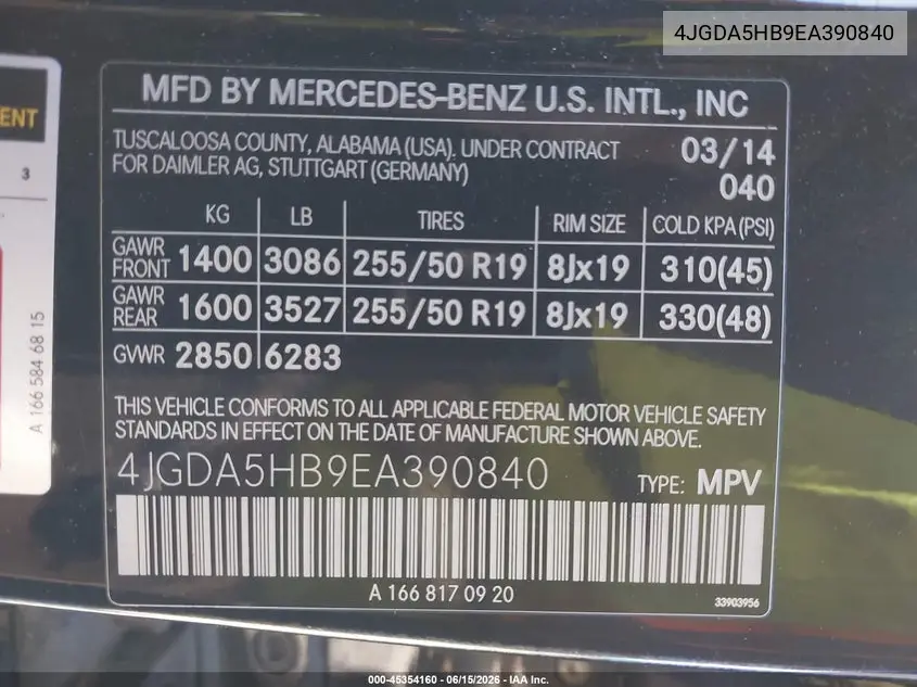 2014 Mercedes-Benz Ml 350 4Matic VIN: 4JGDA5HB9EA390840 Lot: 45354160
