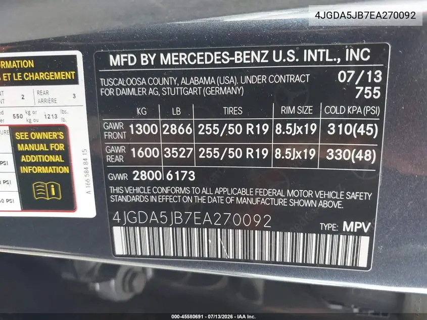 2014 Mercedes-Benz Ml 350 VIN: 4JGDA5JB7EA270092 Lot: 45580691