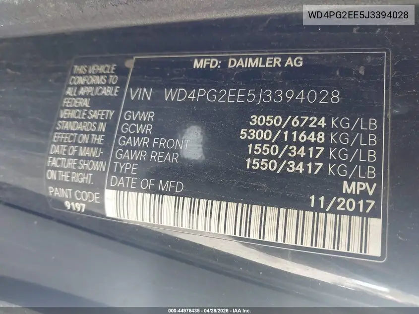2018 Mercedes-Benz Metris VIN: WD4PG2EE5J3394028 Lot: 44976435