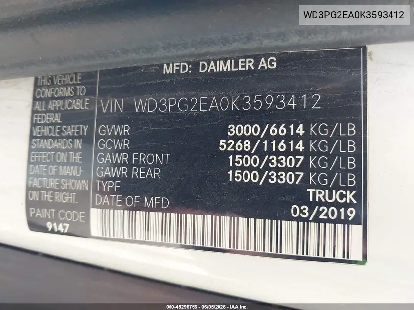 2019 Mercedes-Benz Metris VIN: WD3PG2EA0K3593412 Lot: 45296756