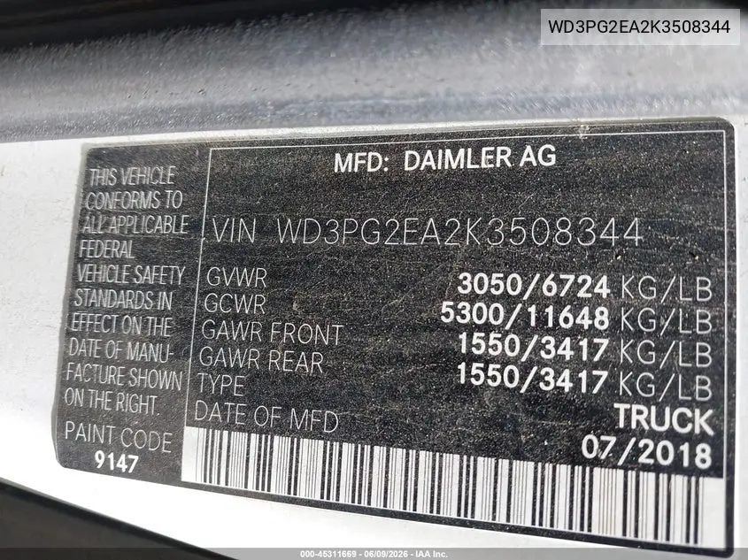 2019 Mercedes-Benz Metris VIN: WD3PG2EA2K3508344 Lot: 45311669