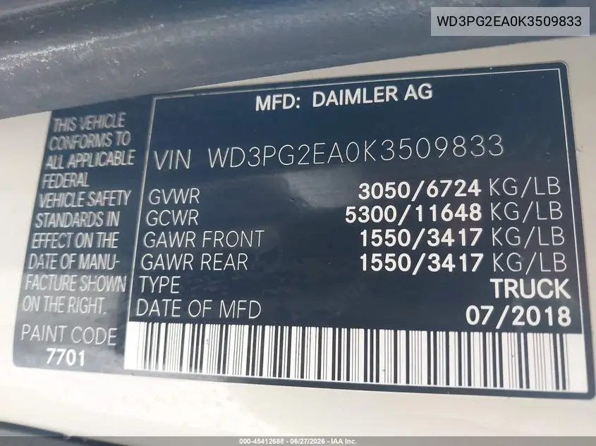 2019 Mercedes-Benz Metris VIN: WD3PG2EA0K3509833 Lot: 45412688