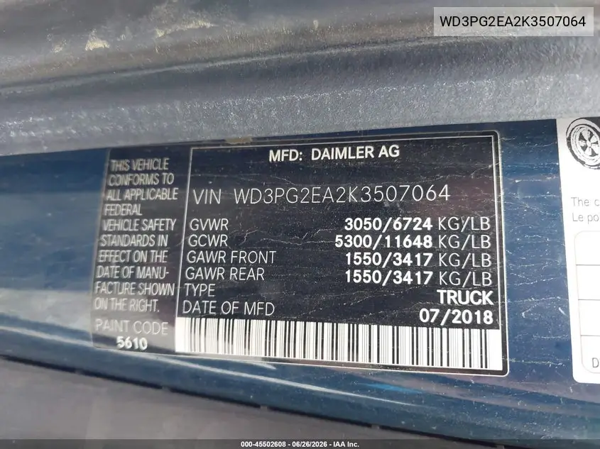 2019 Mercedes-Benz Metris VIN: WD3PG2EA2K3507064 Lot: 45502608