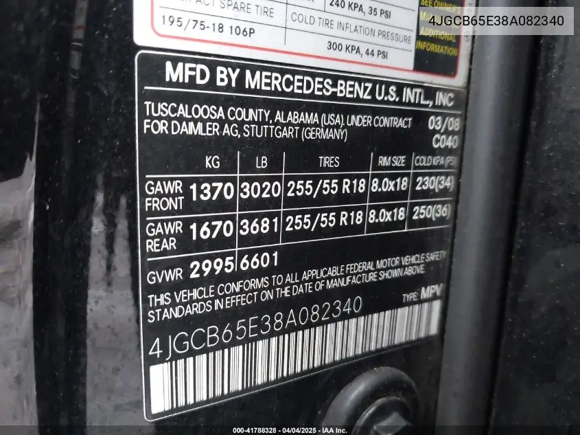 2008 Mercedes-Benz R 350 4Matic VIN: 4JGCB65E38A082340 Lot: 41788328