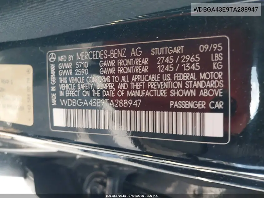 1996 Mercedes-Benz S 420 VIN: WDBGA43E9TA288947 Lot: 45572344
