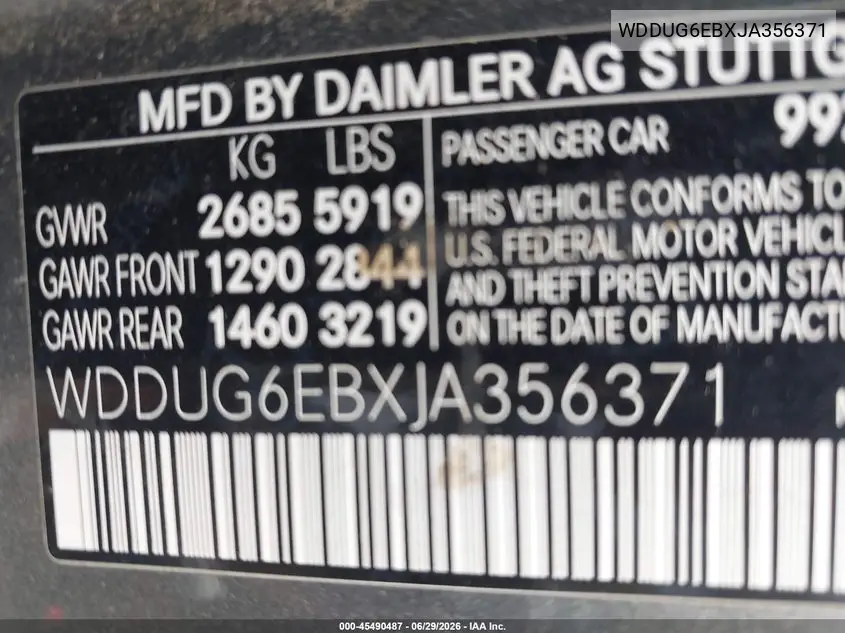 2018 Mercedes-Benz S 450 4Matic VIN: WDDUG6EBXJA356371 Lot: 45490487