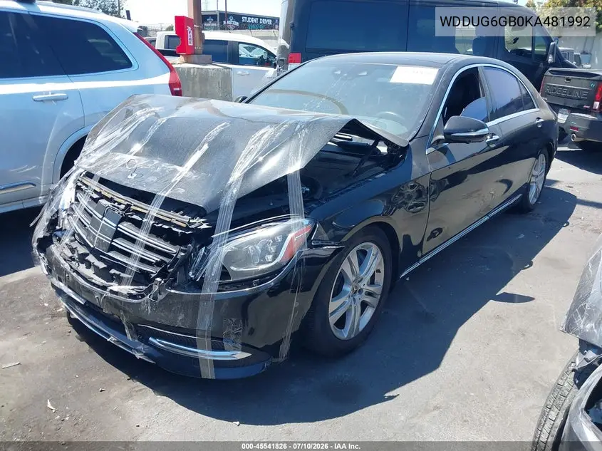 2019 Mercedes-Benz S 450 VIN: WDDUG6GB0KA481992 Lot: 45541826