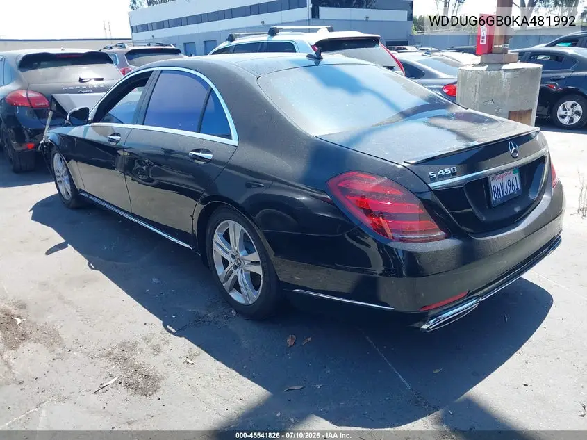 2019 Mercedes-Benz S 450 VIN: WDDUG6GB0KA481992 Lot: 45541826
