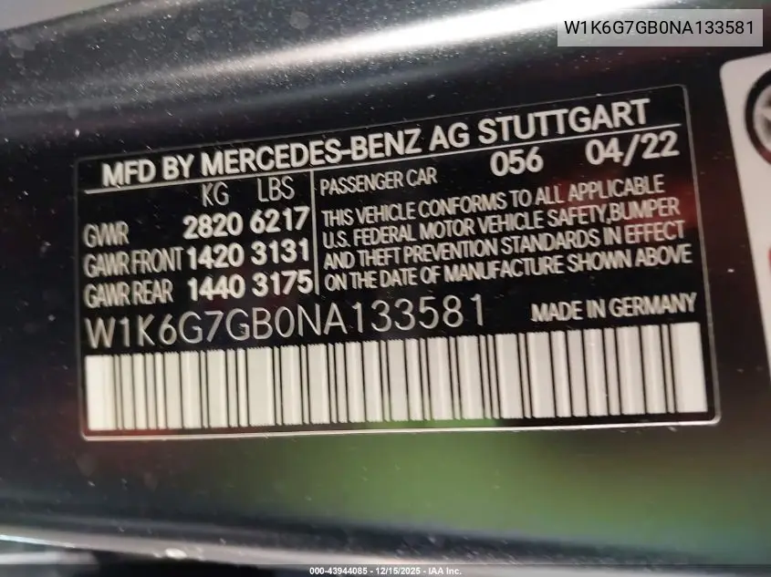 W1K6G7GB0NA133581 2022 Mercedes-Benz S 580 4Matic