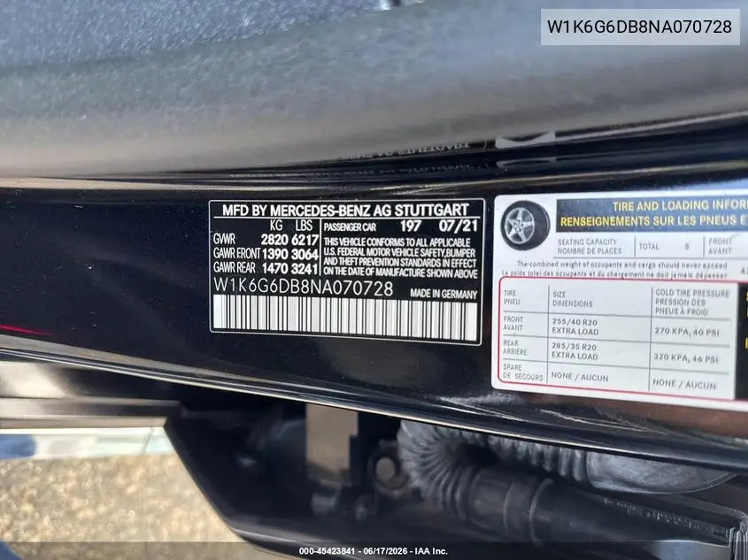 2022 Mercedes-Benz S 500 4Matic VIN: W1K6G6DB8NA070728 Lot: 45423841