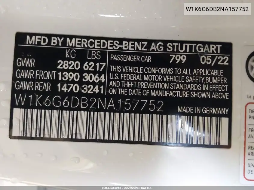 2022 Mercedes-Benz S 500 4Matic VIN: W1K6G6DB2NA157752 Lot: 45440213