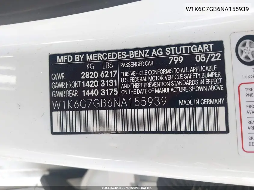 2022 Mercedes-Benz S 580 4Matic VIN: W1K6G7GB6NA155939 Lot: 45524288