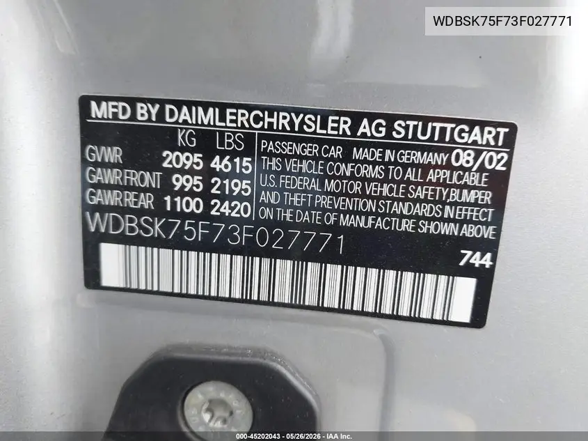 2003 Mercedes-Benz Sl 500 VIN: WDBSK75F73F027771 Lot: 45202043